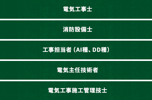 電気工事士・消防設備士・工事担当者（AI種、DD種）・電気主任技術者・電気工事施工管理技士